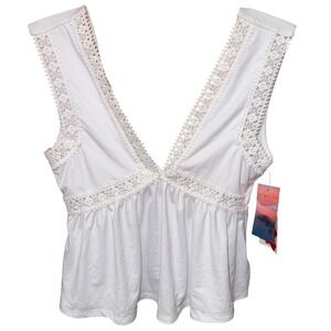 Haley & June Babydoll Boho Crop Tank Top S White Crochet Deep Lace V-Neck Y2K